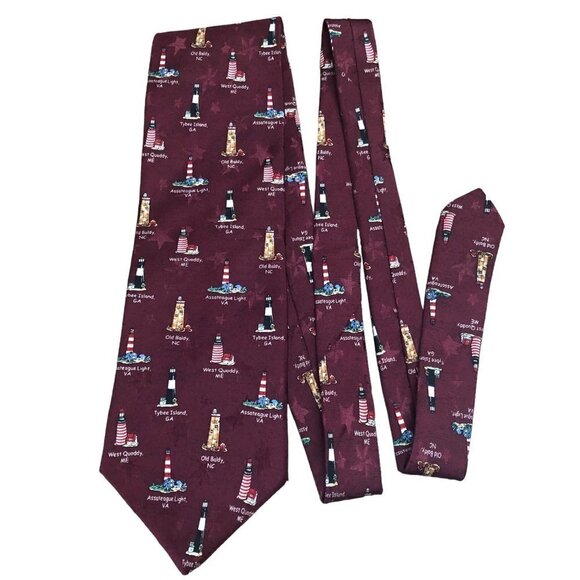 Tango by Max Raab Tie Americana Series Lighthouses Silk USA Necktie Burgandy EUC - Picture 1 of 5